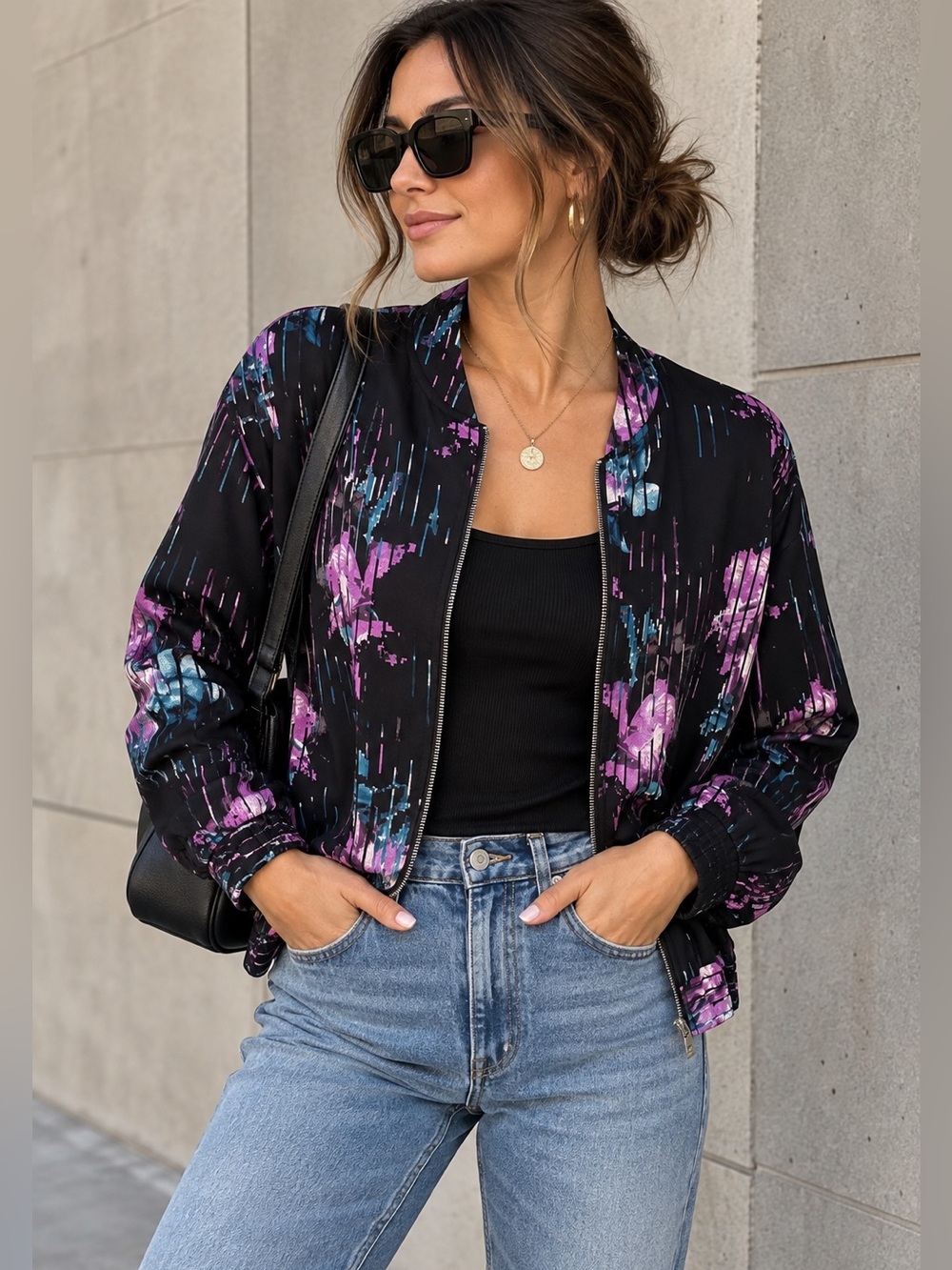 White House Black Market Floral Bomber Jacket Medium Black Purple Zip Up